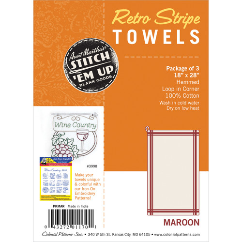 Aunt Martha's Stitch 'Em Up Retro Stripe Towels 18"X28" 3/Pk-Maroon Stripe PKMAR - 043272011701