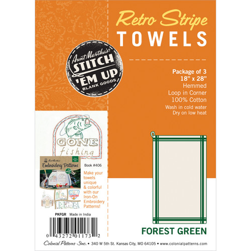 Aunt Martha's Stitch 'Em Up Retro Stripe Towels 18"X28" 3/Pk-Forest Green Stripe - PKFGR - 043272011732 Aunt Martha's Stitch 'Em Up Retro Stripe Towels 18"X28" 3/Pk-Forest Green Stripe - PKFGR - 043272011732
