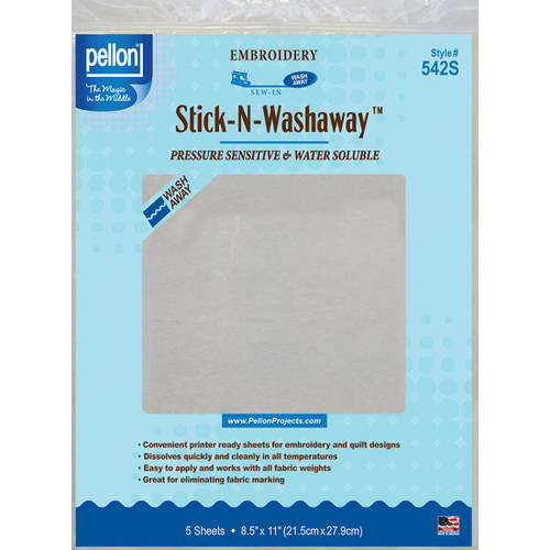 Pellon Stick-N-Washaway Embroidery Stabilizer 5/Pkg-White 8.5"X11" -542S - 075269010183