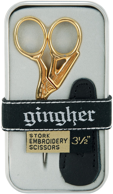Gingher Gold-Handled Stork Embroidery Scissors 3.5"-W/Leather Sheath - 01005280 - 743921311151