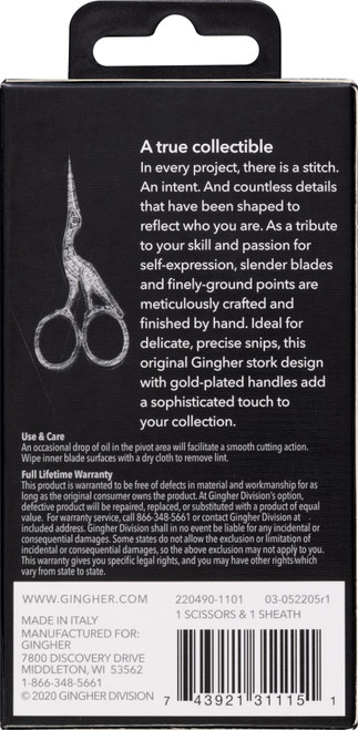 Gingher Gold-Handled Stork Embroidery Scissors 3.5"-W/Leather Sheath - 01005280