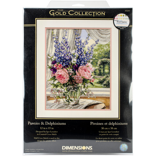 Dimensions Gold Collection Counted Cross Stitch Kit 12"X15"-Peonies/Delphiniums (18 Count) - 35257 - 088677352578