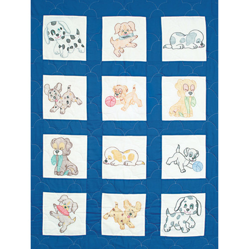 Jack Dempsey Stamped White Nursery Quilt Blocks 9"X9" 12/pkg-Puppies - 300 24 - 013155150247