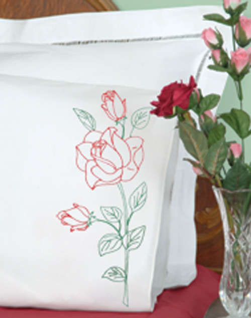 Jack Dempsey Stamped Pillowcases W/White Perle Edge 2/Pkg-Long Stem Rose - 1600 134