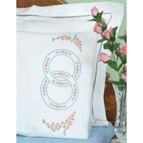 Jack Dempsey Stamped Pillowcases W/White Lace Edge 2/Pkg-Wedding Rings - 1800 20