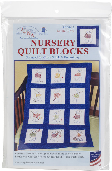 Jack Dempsey Stamped White Nursery Quilt Blocks 9"X9" 12/pkg-Little Boys 300 16 - 013155150162