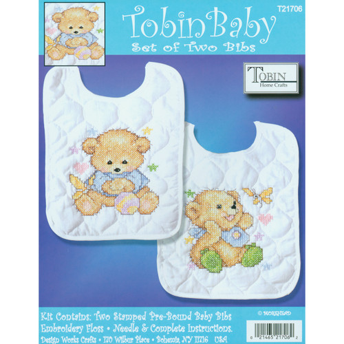 Tobin Stamped Cross Stitch Bib Pair Kit 8"X10" 2/Pkg-Baby Bears - T21706 - 021465217062