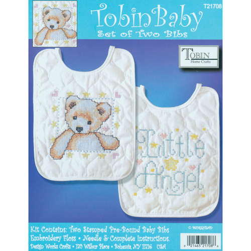 Tobin Stamped Cross Stitch Bib Pair Kit 8"X10" 2/Pkg-Bear & Angel - T21708 - 021465217086