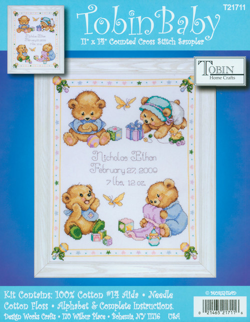 Tobin Counted Cross Stitch Kit 11"x14"-Baby Bears Birth Record (14 Count) - T21711 - 021465217116