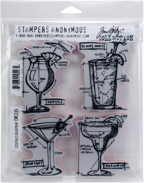 Tim Holtz Cling Stamps 7"X8.5"-Cocktails Blueprint CMS-335 - 752830095465