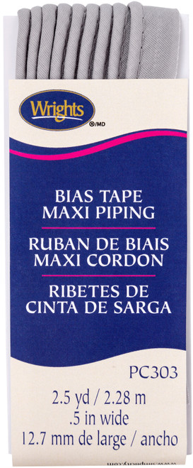 Wrights Bias Tape Maxi Piping .5"X2.5yd-Medium Grey - 117-303-117 - 070659964909