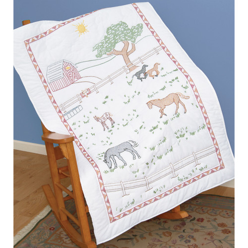 Jack Dempsey Stamped White Lap Quilt Top 40"X60"-Field Of Horses - 940 453 - 013155644531