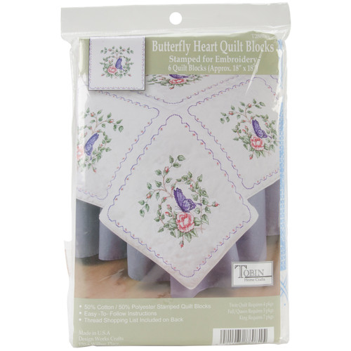 Tobin Stamped White Quilt Blocks 18"X18" 6/Pkg-Butterfly Heart T288081 - 021465880815