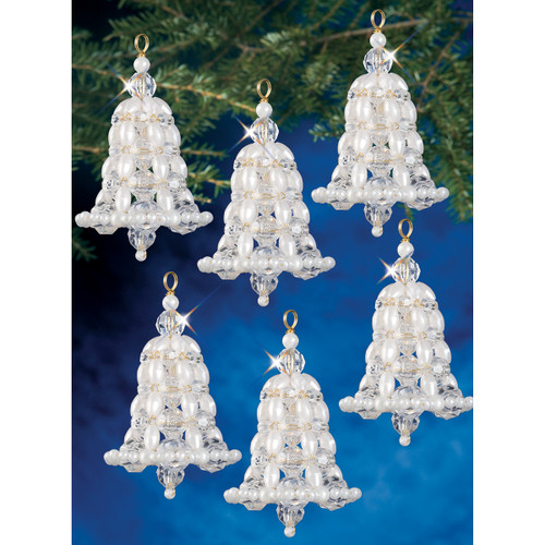 The Beadery Holiday Beaded Ornament Kit-Crystal & Pearl Bells 2.75" Makes 6 - BOK-7283