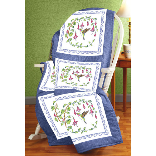 Janlynn Stamped Cross Stitch Quilt Blocks 18"X18" 6/Pkg-Hummingbird - 21-1758 - 049489006844