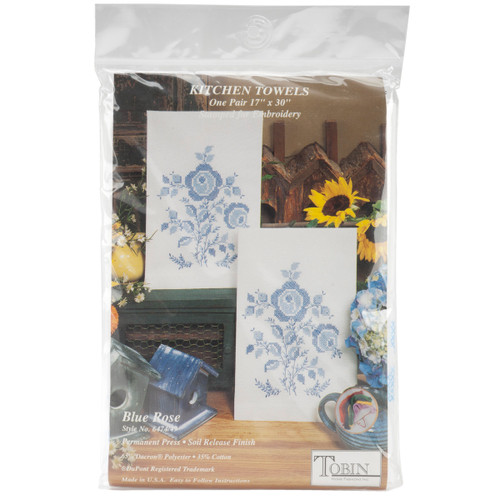 Tobin Stamped For Embroidery Kitchen Towels 17"X30" 2/Pkg-Blue Rose T264049 - 081041270072