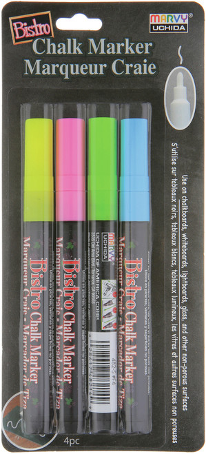 Uchida Bistro Chalk Marker Fine Point Set 4/Pkg-Fluorescent Pink, Blue, Green & Yellow 482-4A - 028617482620
