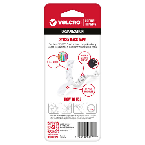 VELCRO(R) Brand Sticky Back Tape .75"X18"-White - 90079