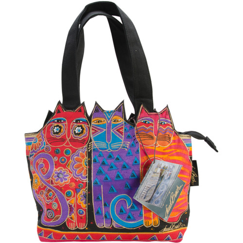 Laurel Burch Medium Tote Zipper Top 12"X3.5"X8.5"-Tres Gatos Red, Orange & Blue LB4100 - 651462052641