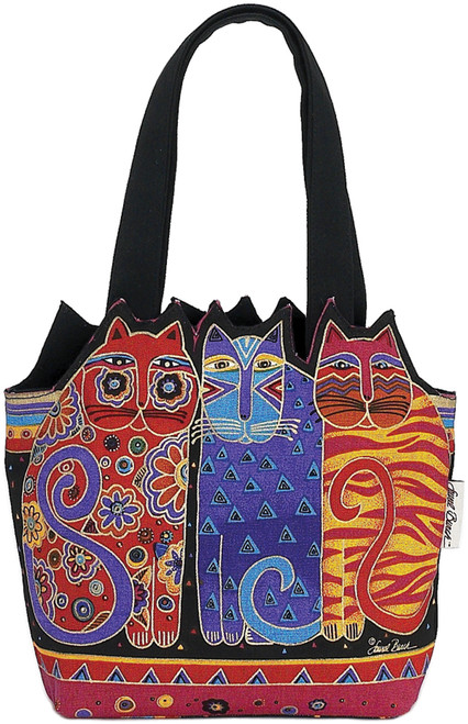 Laurel Burch Medium Tote Zipper Top 12"X3.5"X8.5"-Tres Gatos - Red, Orange & Blue - LB4100