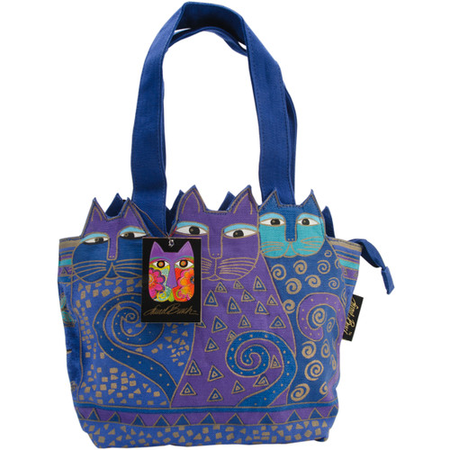 Laurel Burch Medium Tote Zipper Top 12"X3.5"X8.5"-Tres Gatos - Blue & Gold - LB4101 - 651462052658