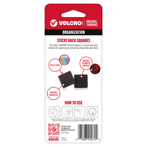 VELCRO(R) Brand Sticky Back Squares .875" 12/Pkg-Black - 90072