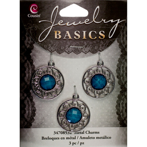 Cousin Jewelry Basics Metal Charms-Silver & Turquoise Filigree 3/Pkg A50026M2-8532 - 016321088658