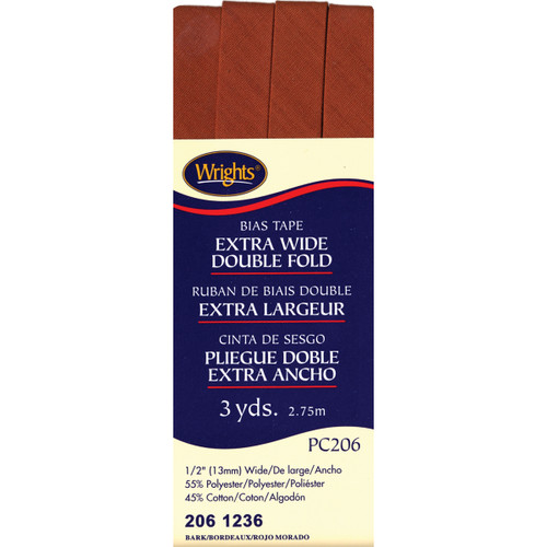 Wrights Double Fold Bias Tape .5"X3yd-Bark 117-206-1236 - 070659723803