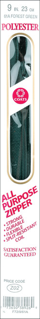 Coats All-Purpose Plastic Zipper 9"-Forest Green F72 9-61A - 073650389269