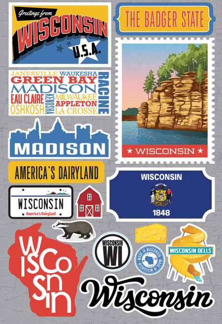 3 Pack - Reminisce Jet Setters 3.0 Dimensional Stickers-Wisconsin - JET-048 - 810040176210