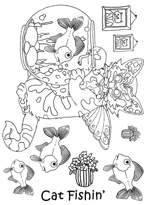 The Card Hut Clear Stamps 6"X4" By Linda Ravenscroft-Crazy Cats Cat Fishin' LRCC011 - 6653550757470665355075747