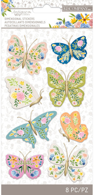 K&Company Antique Garden Dimensional Stickers 8/Pkg-Fabric Butterfly 30000089