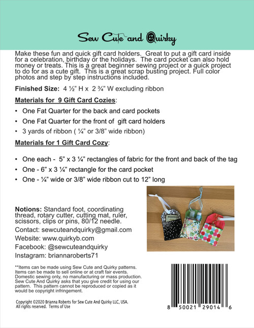 Sew Cute And Quirky Sewing Pattern-Gift Card Cozy GCC-SP14