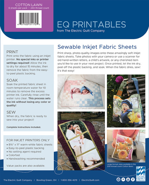 EQ Inkjet Printable Cotton Lawn Fabric Sheets 8.5"X11"-6/Pkg -P-CL811
