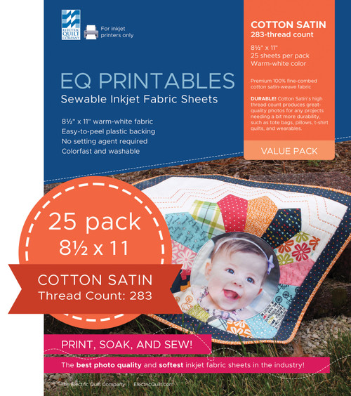 EQ Inkjet Printable Cotton Satin Fabric Sheets 8.5"X11"-25/Pkg P-CS025 - 657920111578