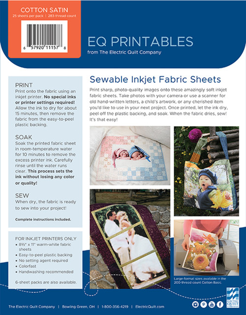 EQ Inkjet Printable Cotton Satin Fabric Sheets 8.5"X11"-25/Pkg P-CS025