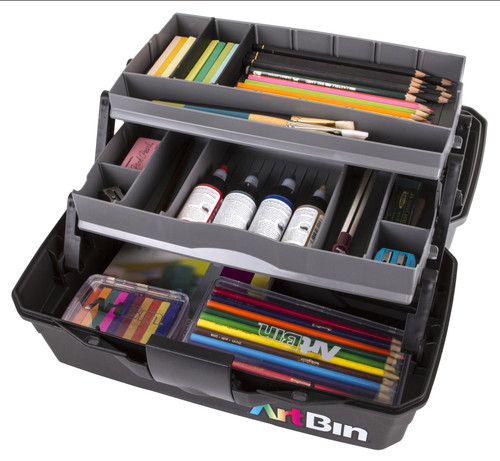 ArtBin Lift Tray Box W/2 Trays & Quick Access Lid Storage-8"X14"X7.5", Black & Gray 6892AG