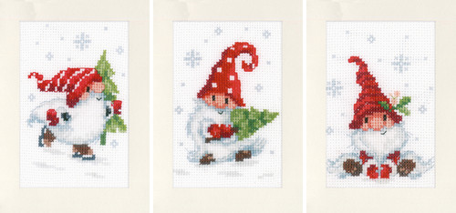 Vervaco Counted Cross Stitch Greeting Card Kit 4.25"X6" 3/Pk-Christmas Gnomes (14 Count) V0189708