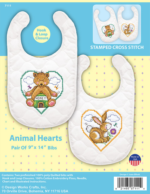 Design Works Stamped Bib Cross Stitch Kit 9"X14" 2/Pkg-Animal Hearts DW7111