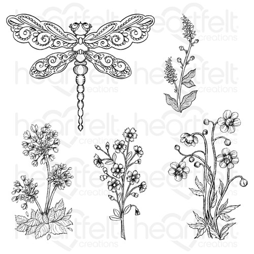 Heartfelt Creations Cling Rubber Stamp Set-Dragonfly Florals HCPC3985