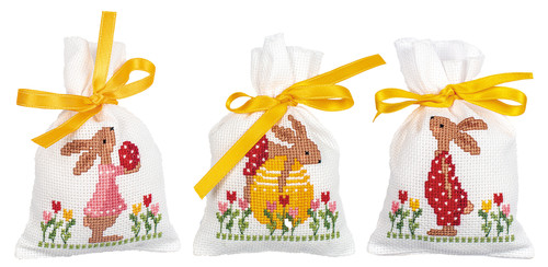 Vervaco Counted Cross Stitch Sachet Bags Kit 3.2"X4.8" 3/Pkg-Easter Rabbits In Tulip Garden (18 Ct) -V0196545