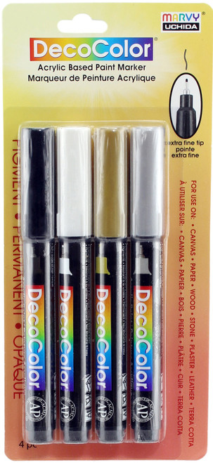 Uchida DecoColor Extra Fine Tip Paint Marker Set 4/Pkg-Black, Gold, Silver And White 1154B - 028617127262