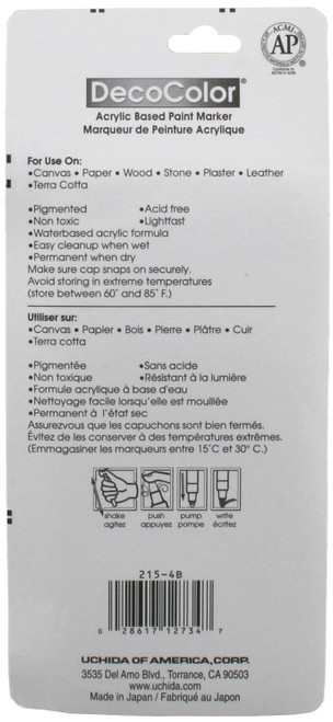 Uchida DecoColor Fine Tip Acrylic Paint Markers 4/Pkg-Black, White, Gold And Silver - 2154B