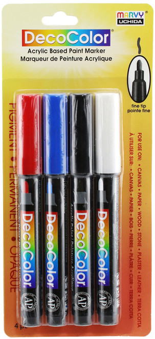 Uchida DecoColor Fine Tip Acrylic Paint Markers 4/Pkg-Blue, Red, Black And White - 2154C - 028617127361