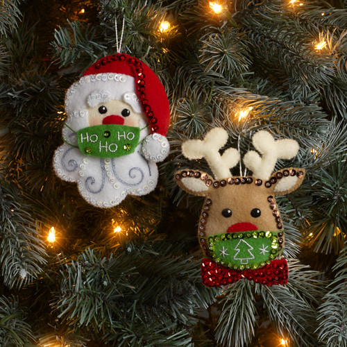 Bucilla Felt Ornaments Applique Kit Set Of 2-Masked Christmas -89502E