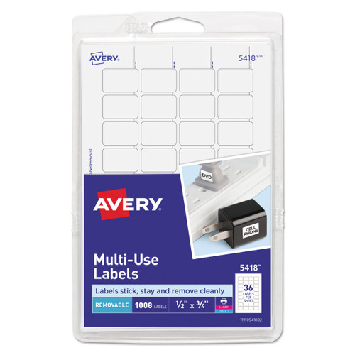 Avery White Removable Print/Write Labels .5"X.75" 1008/Pkg-5418 - 072782054182