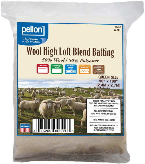 Pellon Wool High Loft Blend Batting-Queen Size 96"X108" W-96 - 075269003086