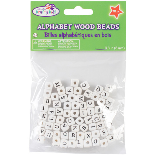 6 Pack Krafty Kids Wood Alphabet Beads 8mm 70/Pkg-White BD301-C - 775749164213