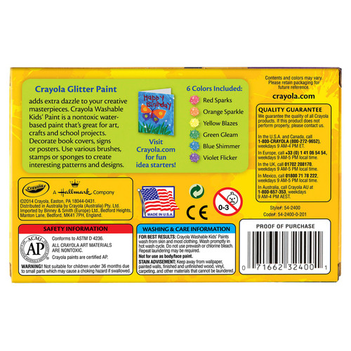2 Pack - Crayola Washable Kids Paint 2oz 6/Pkg-Glitter - 54-2400 2 Pack - Crayola Washable Kids Paint 2oz 6/Pkg-Glitter - 54-2400