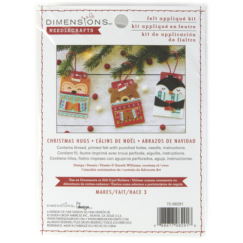 Dimensions Felt Applique Kit 2.75"X4" 3/Pkg-Christmas Hugs Gift Card Holder 72-08291 - 088677082918